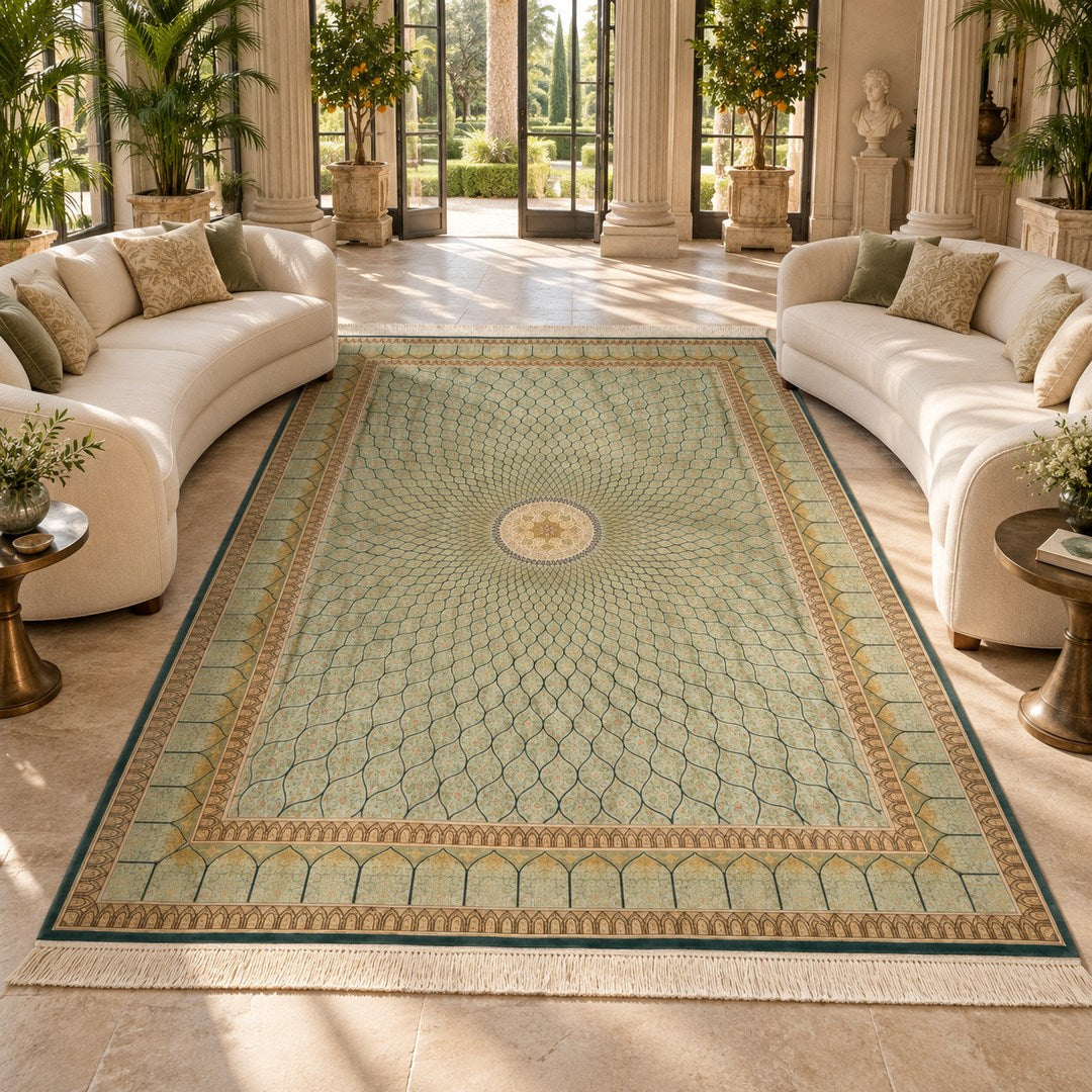 AI-generated interior visualization of MW-HM-0959, rectangle rug 395 × 294 cm. Styling illustration; see original product photograph for exact details.
