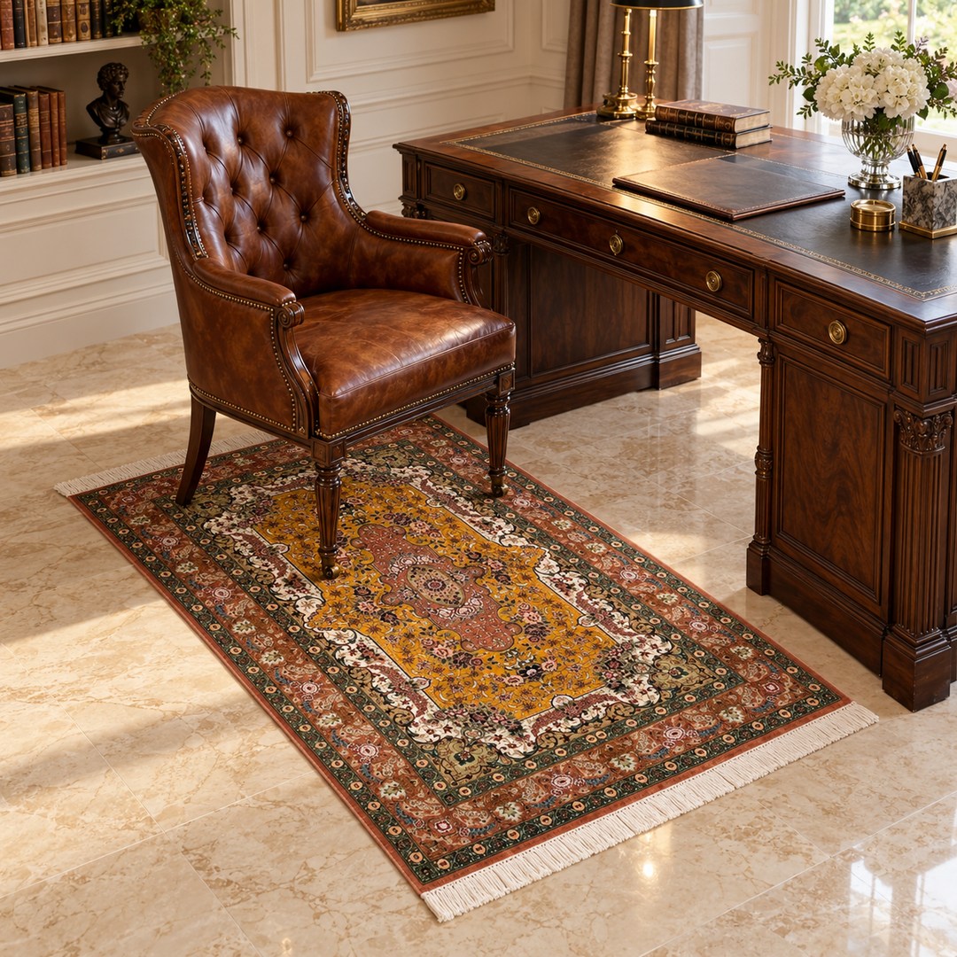 AI-generated interior visualization of MW-HM-0962, rectangular rug 150 × 100 cm. Styling illustration; see the original product photograph for exact details.
