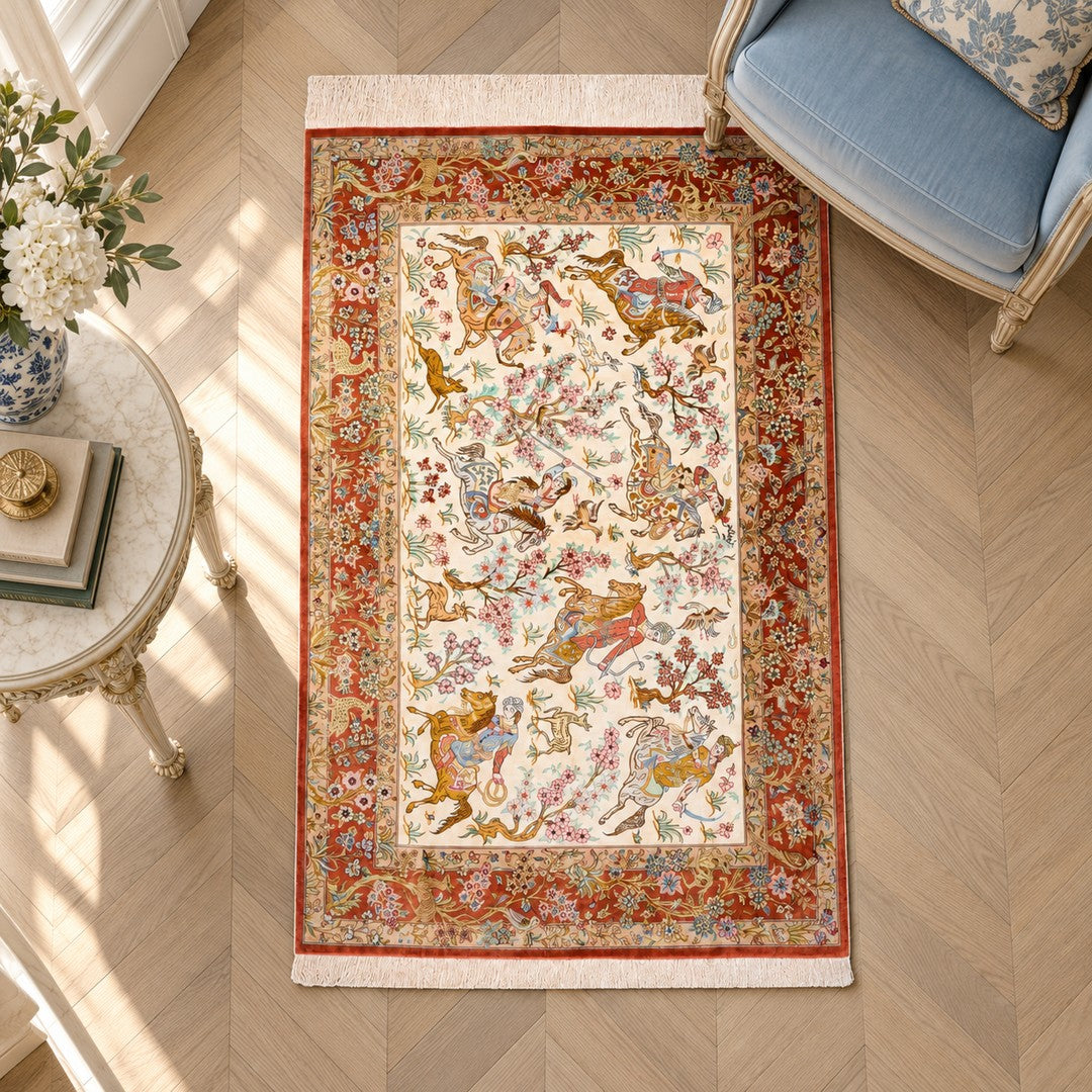 AI-generated interior visualization — MW-HM-0963, 160 × 102 cm rug; illustrative scale, not a customer project.