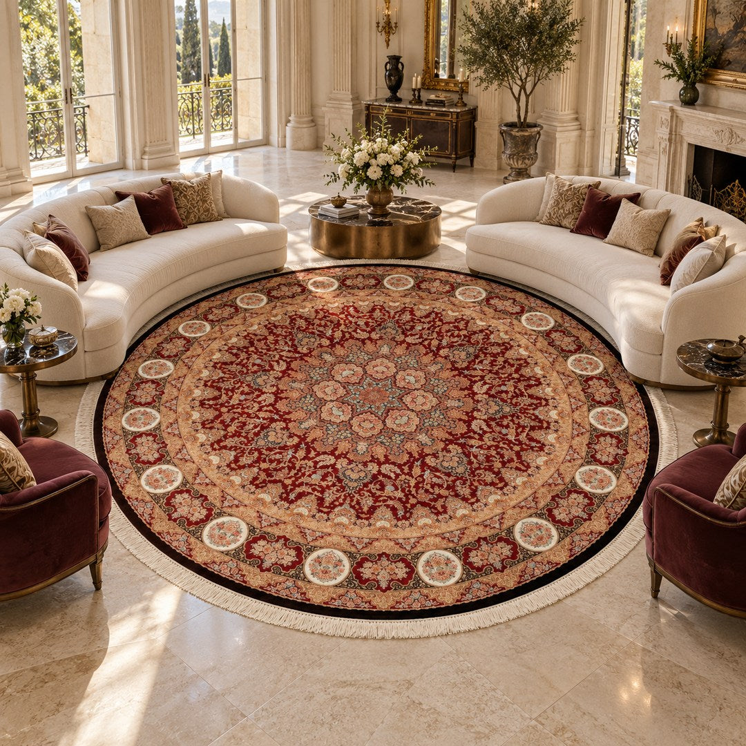 AI-generated interior visualization of MW-HM-0968, round rug Ø346 cm diameter. Styling illustration; see original product photograph for exact details.