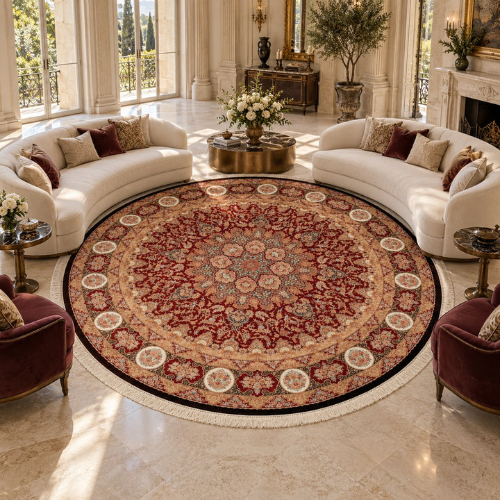 AI-generated interior visualization of MW-HM-0968, round rug Ø346 cm diameter. Styling illustration; see original product photograph for exact details.