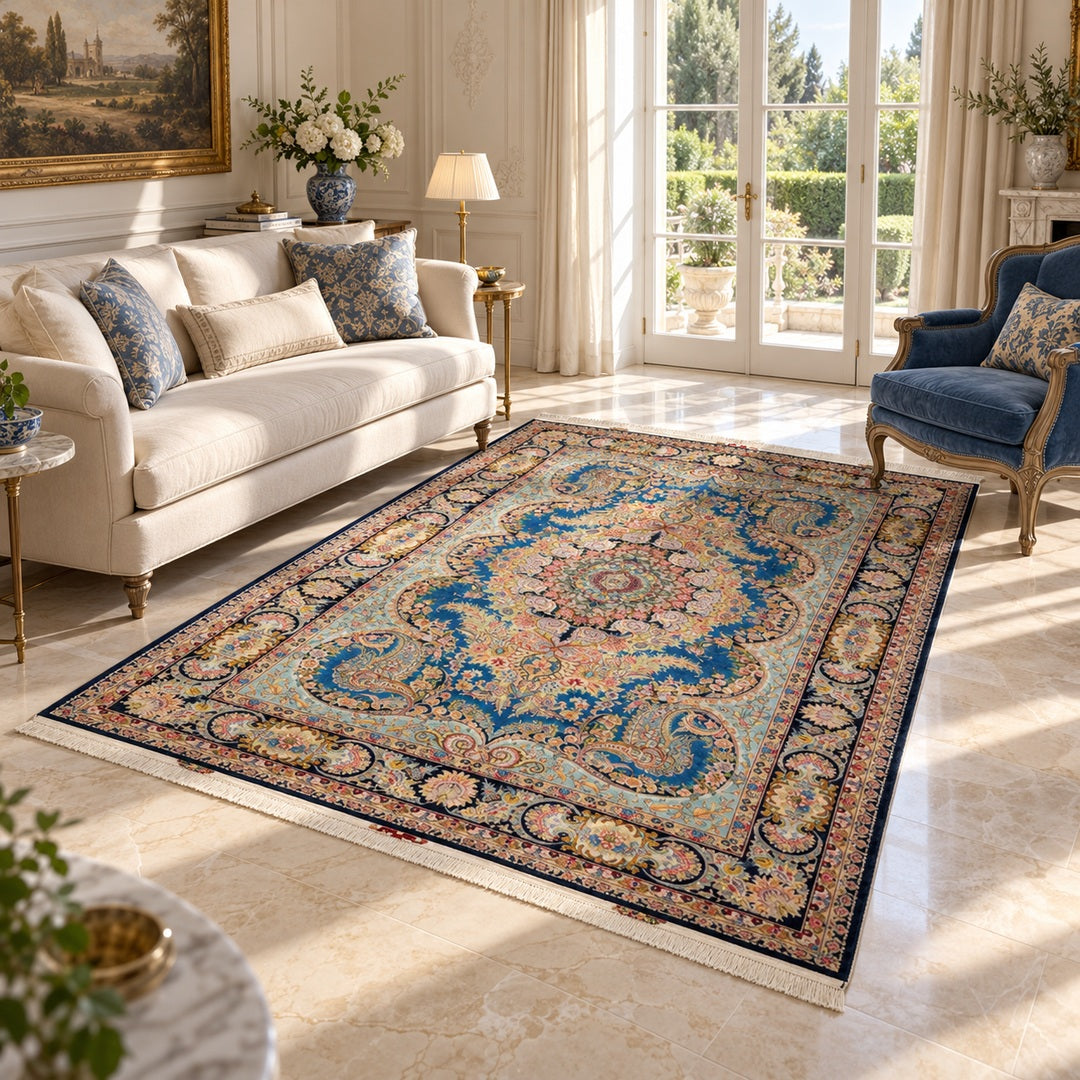 AI-generated luxury classic interior visualization of MW-HM-0969, 300 x195 cm. Styling illustration; see original photograph for exact product details.