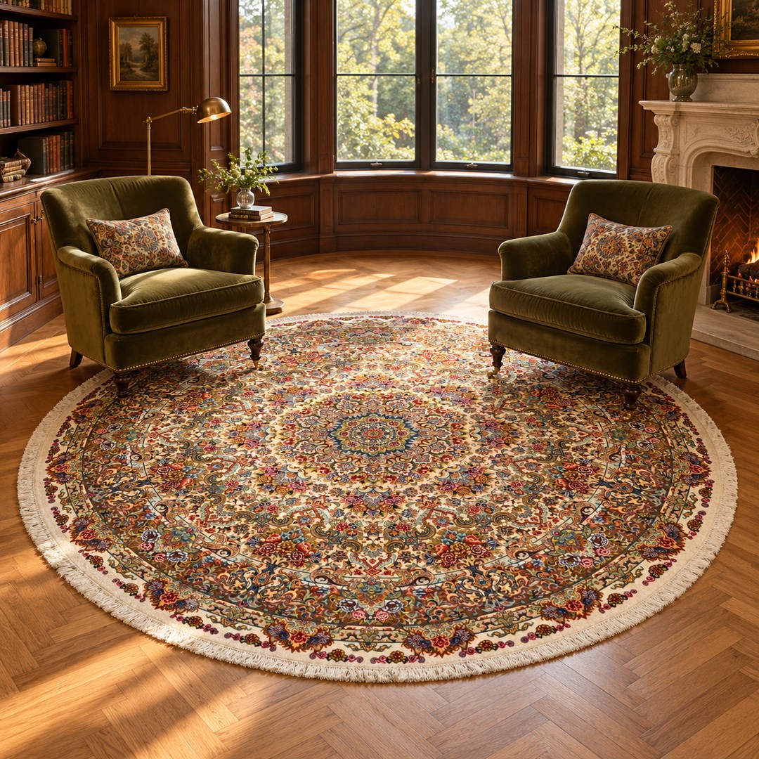 AI-generated interior visualization of MW-HM-0970, round rug Ø260 cm diameter. Styling illustration; see original product photograph for exact details.