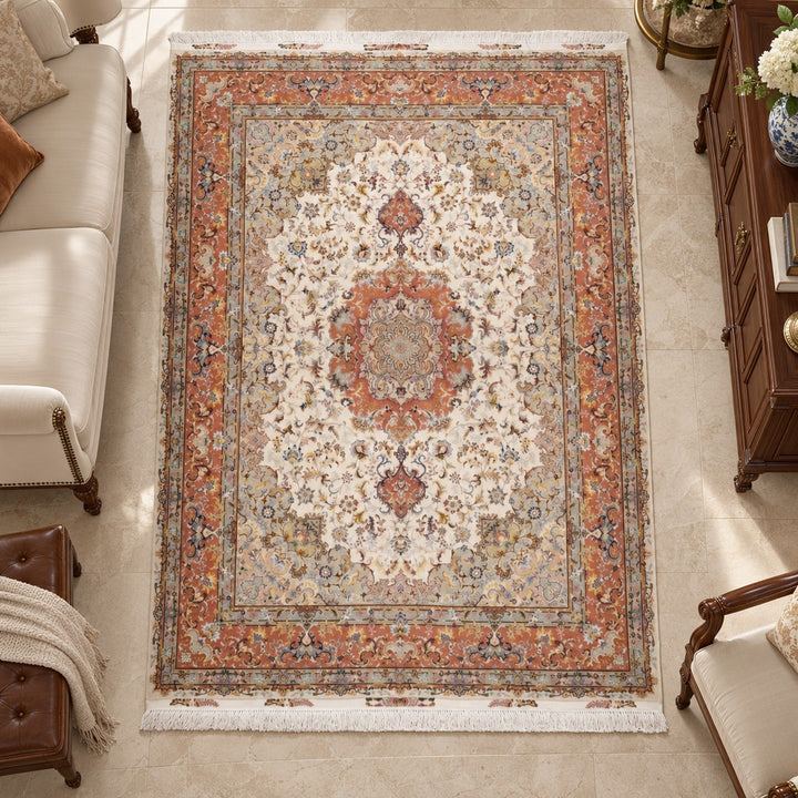 AI-generated interior visualization — MW-HM-0972; woven rug 357 x 248 cm, excluding any frame. Illustrative scale, not a customer project.