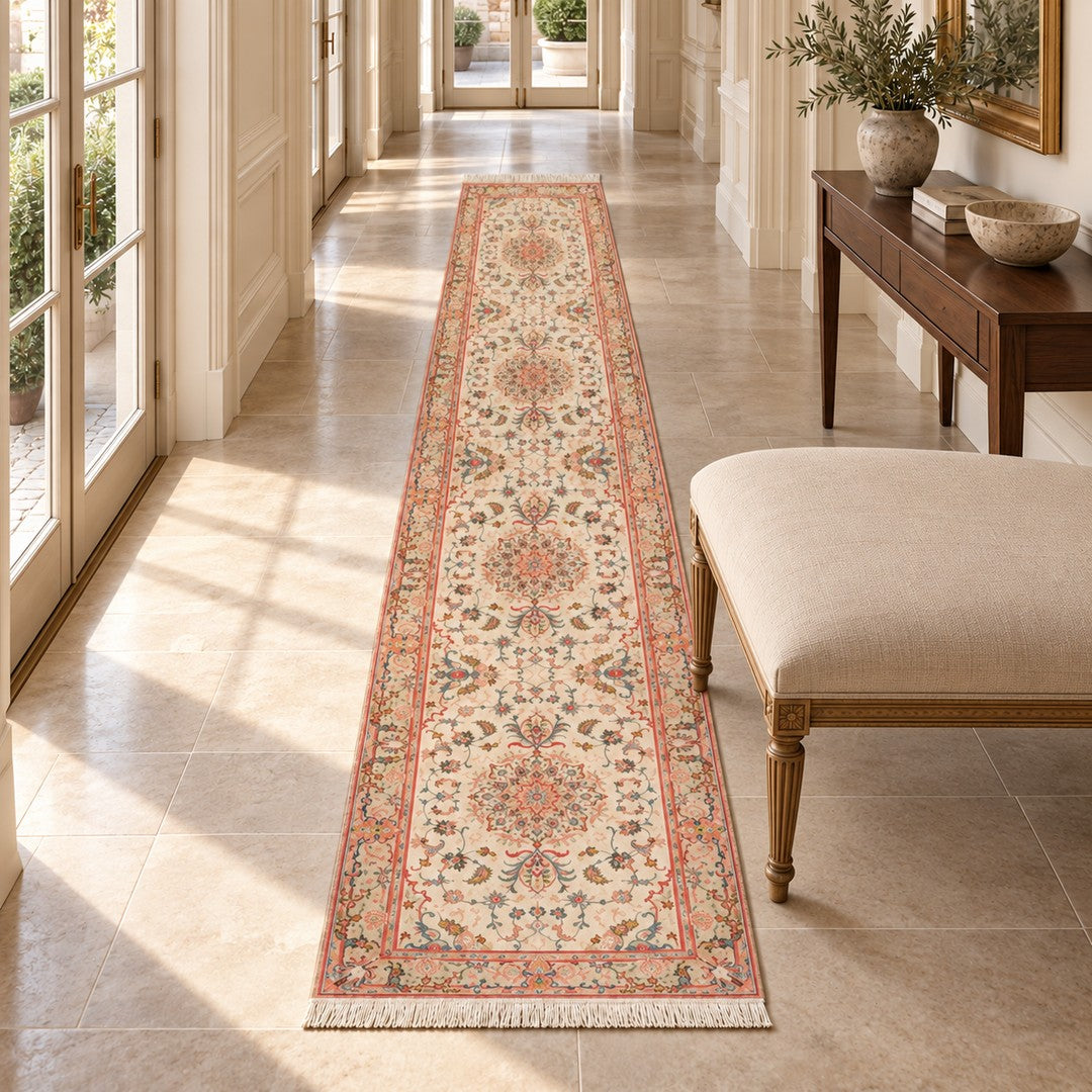 AI-generated interior visualization — SKU MW-HM-0973, 405 × 84 cm rectangular runner in a luxury gallery hall; illustrative scale, not a customer installation.