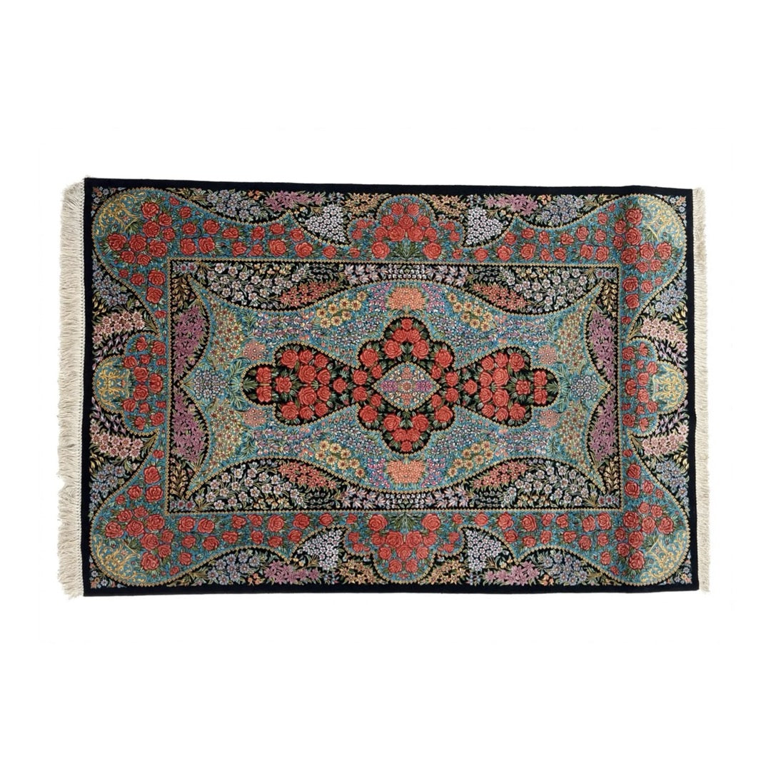 Handmade silk rug, floral medallion, black – MW-HM-1044