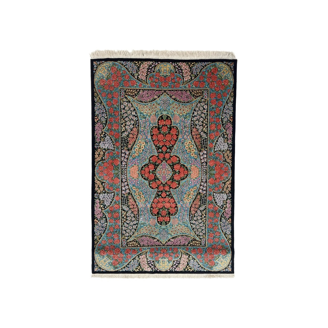 Handmade black silk rug with floral medallion, SKU MW-HM-1044, upright original photograph