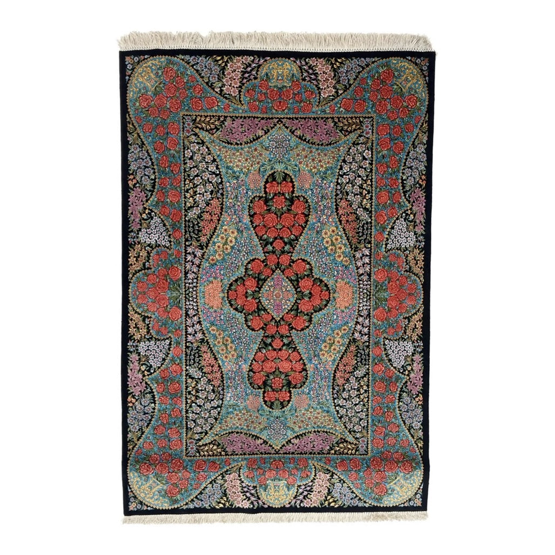Handmade silk rug, floral medallion, black – MW-HM-1044, centered upright view