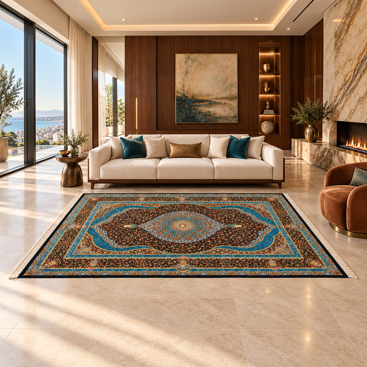 Handmade green silk central-medallion rug, 315 × 195 cm, styled in a luxury living room; lifestyle visualization