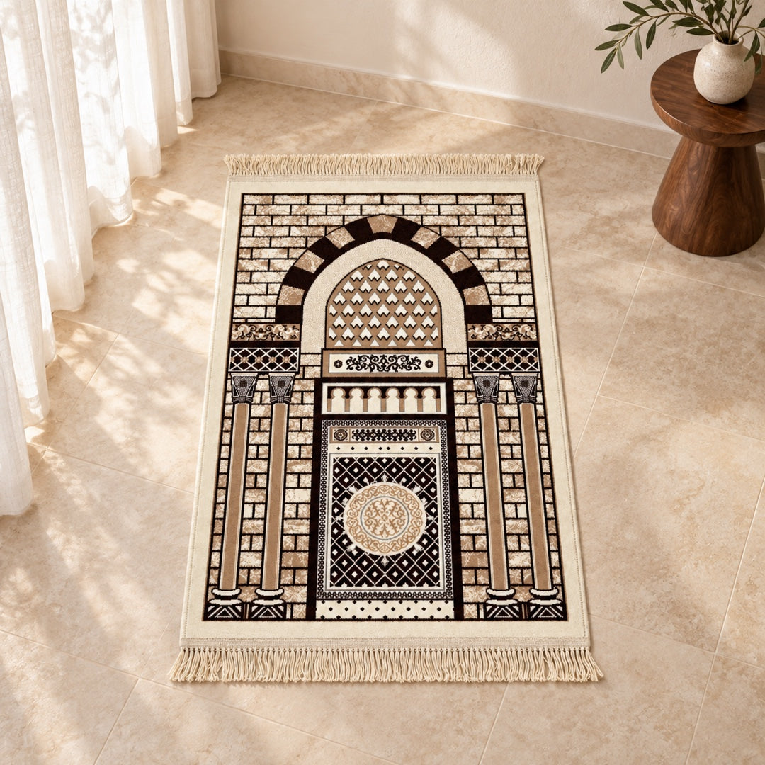 Cream Bab Almadina prayer mat in an AI-styled home interior