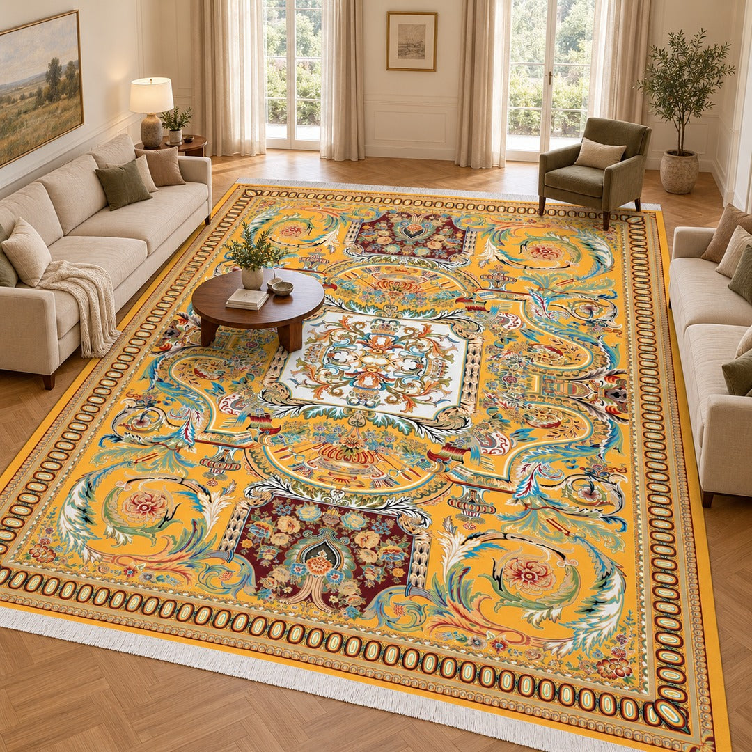 AI-generated interior visualization — Adriatica, SKU 12RD001-0028, rug 600 × 400 cm; illustrative scale.
