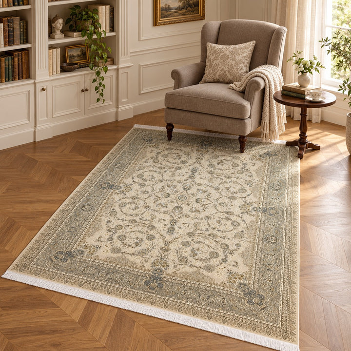 AI-generated interior visualization — Ancient Medallion, SKU 15RD004-0373, rug 225 × 150 cm; illustrative scale.