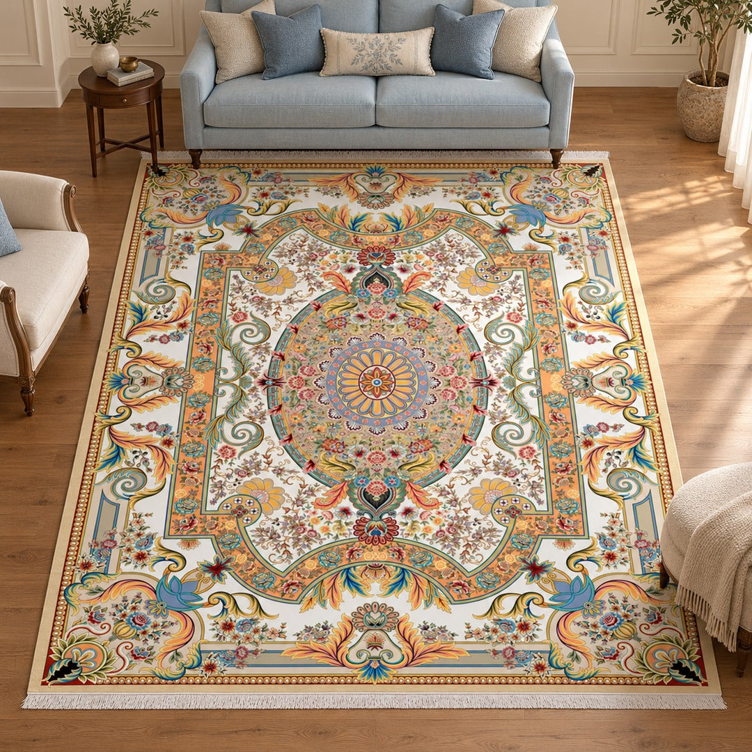 AI-generated interior visualization — 12RD005-0030, rug 300 × 200 cm; illustrative scale.