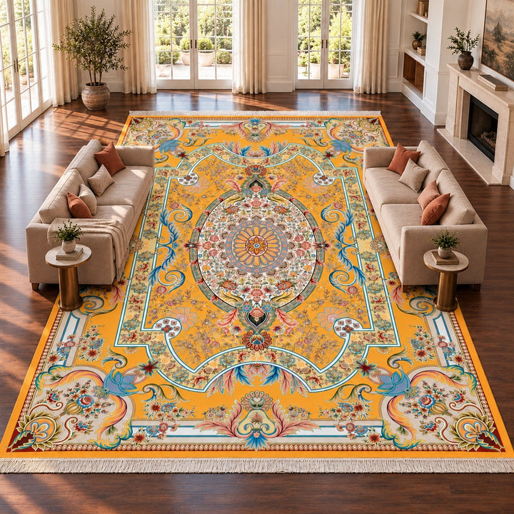 AI-generated interior visualization — 12RD005-0033, rug 600 × 400 cm; illustrative scale.