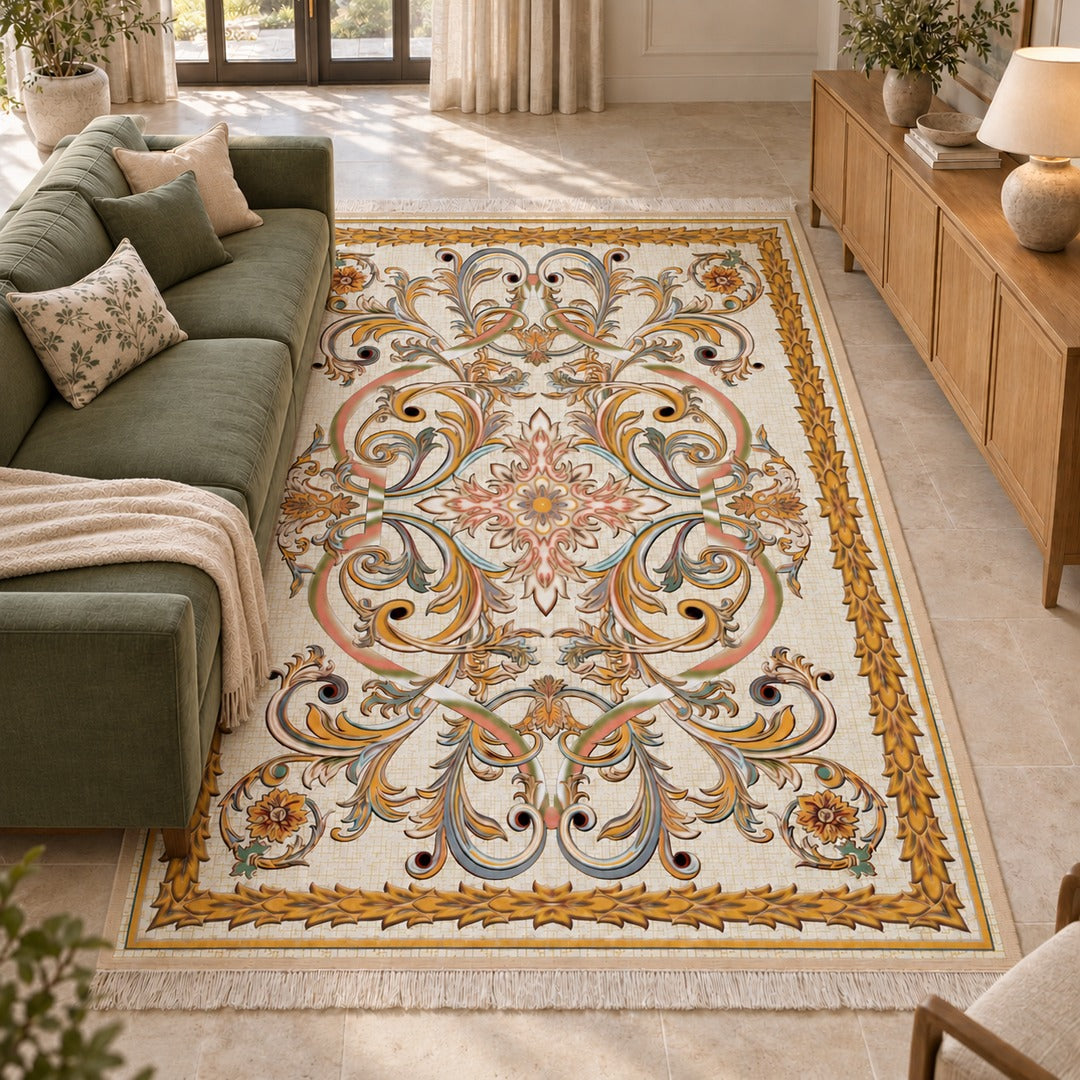 AI-generated interior visualization — 12RD006-0029, rug 300 × 200 cm; illustrative scale.