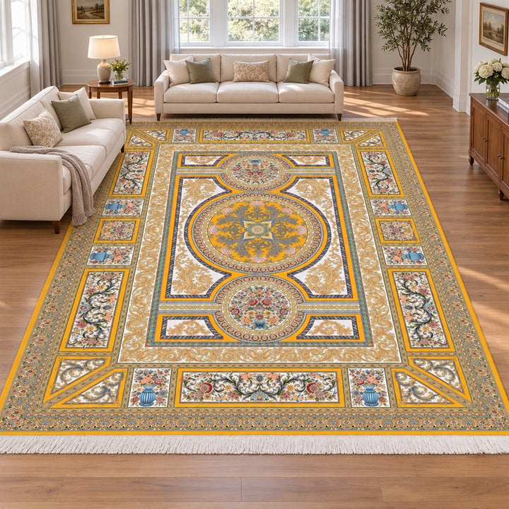 AI-generated interior visualization — 12RD008-0024, rug 600 × 400 cm; illustrative scale.