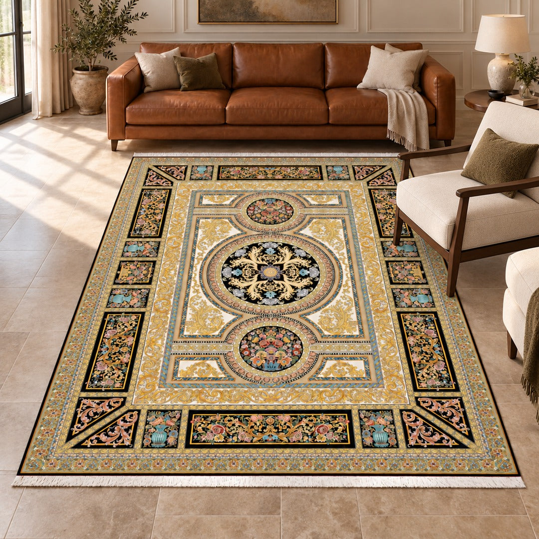 AI-generated interior visualization — 12RD008-0025, rug 300 × 200 cm; illustrative scale.