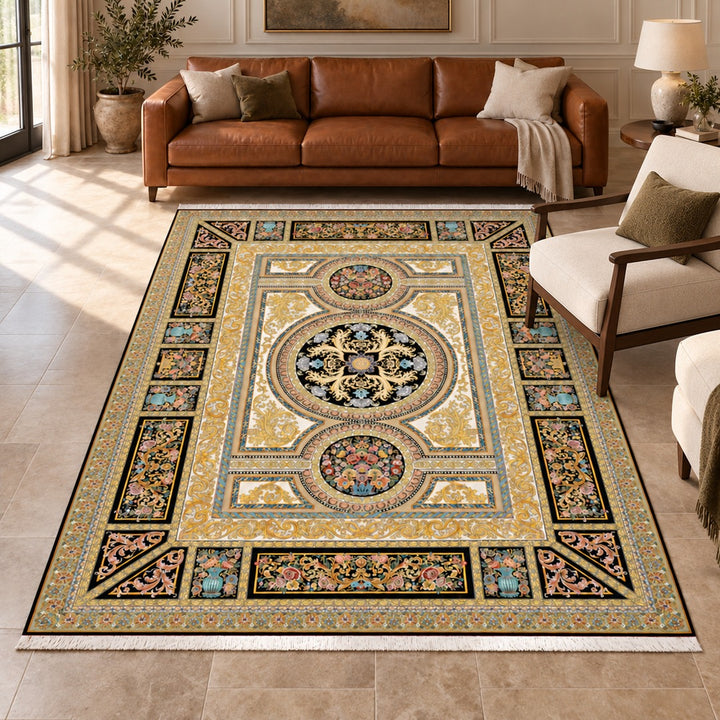 AI-generated interior visualization — 12RD008-0025, rug 300 × 200 cm; illustrative scale.