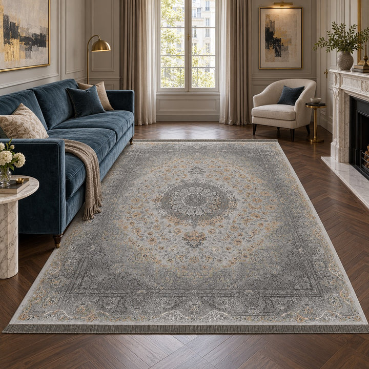 AI-generated interior visualization — 12RD009-0048, rug 300 x 200 cm; illustrative scale.