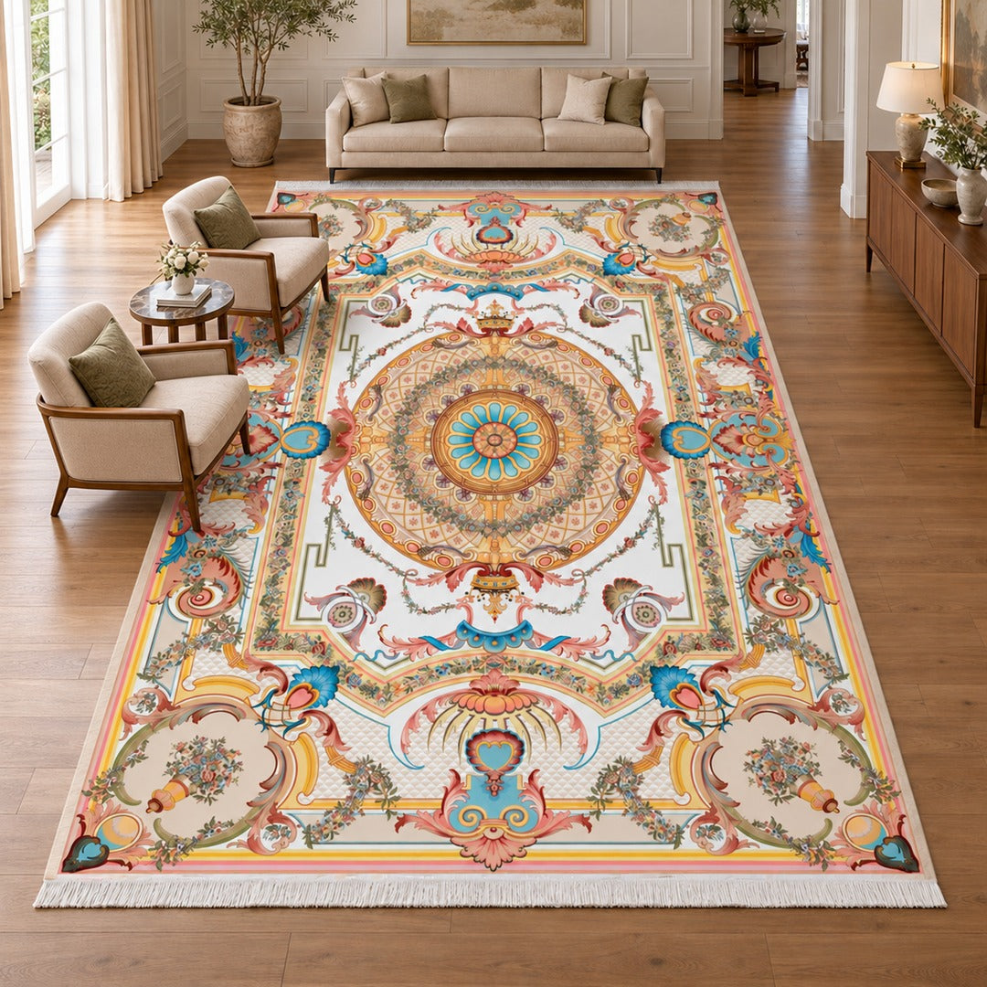 AI-generated interior visualization — 12RD033-0017, rug 600 × 400 cm; illustrative scale.