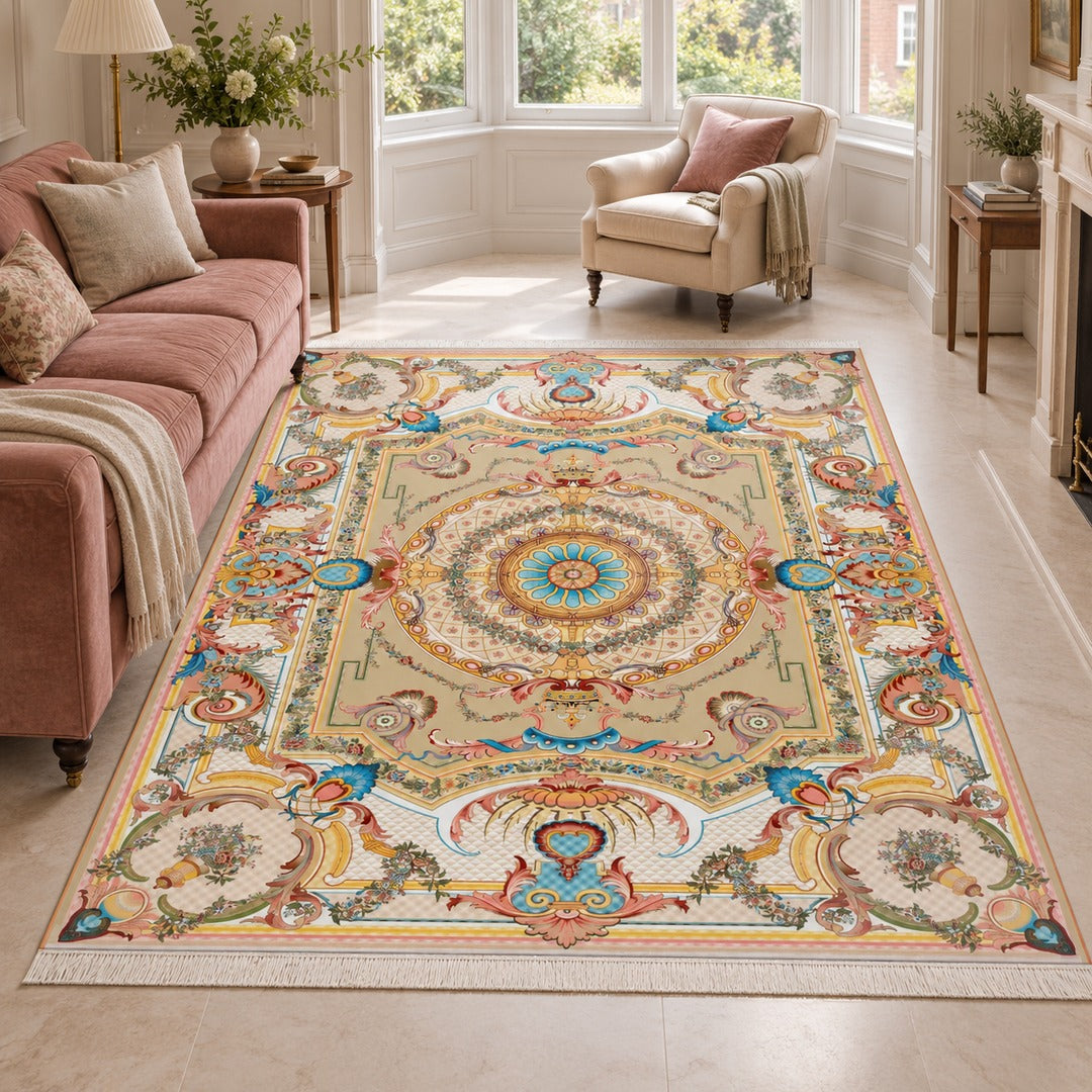 AI-generated interior visualization — 12RD033-0018, rug 300 × 200 cm; illustrative scale.