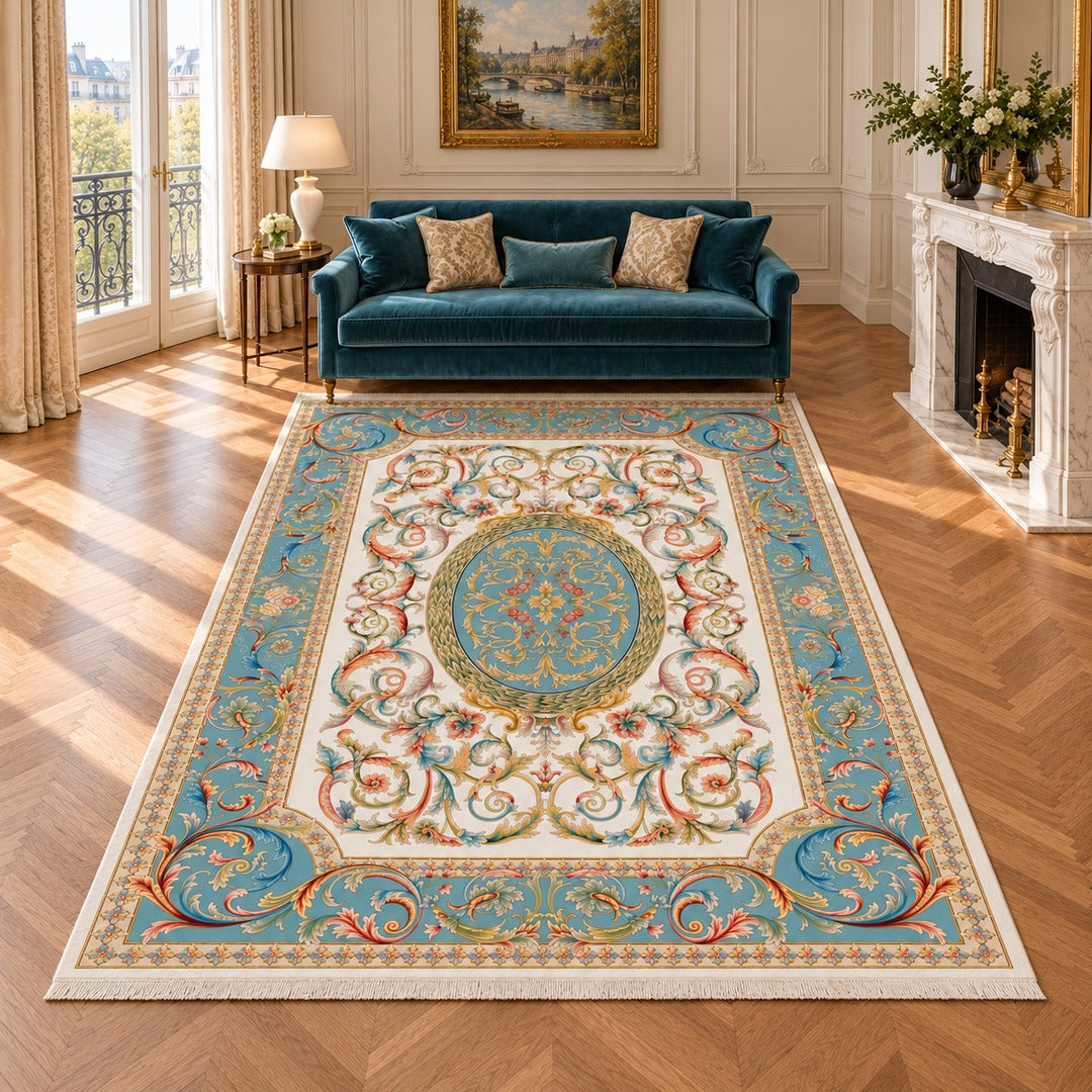 AI-generated interior visualization — 12RD059-0001, rug 300 x 200 cm; illustrative scale.