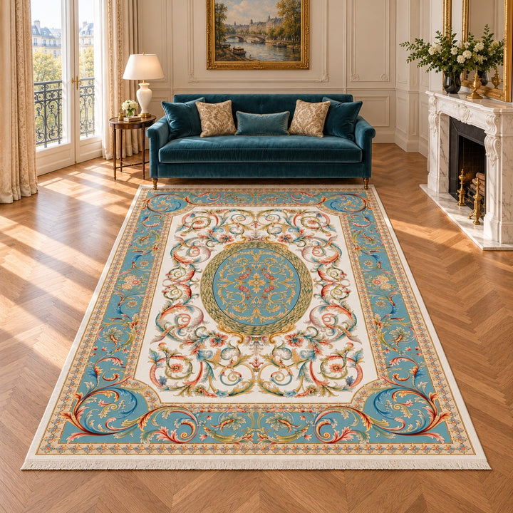 AI-generated interior visualization — 12RD059-0001, rug 300 x 200 cm; illustrative scale.