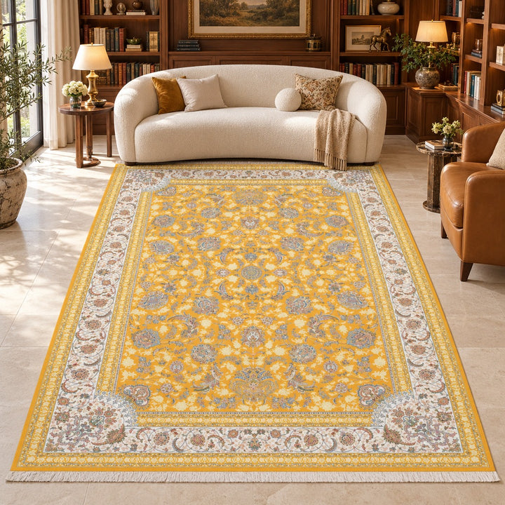 AI-generated interior visualization — 12RD093-0014, rug 300 x 200 cm; illustrative scale.