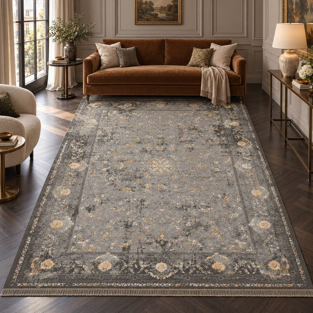 AI-generated interior visualization — 12RD109-0042, rug 300 x 200 cm; illustrative scale.