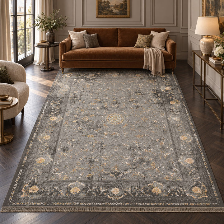 AI-generated interior visualization — 12RD109-0042, rug 300 x 200 cm; illustrative scale.