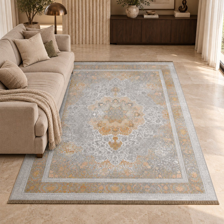 AI-generated interior visualization — 12RD170-0007, rug 300 x 200 cm; illustrative scale.