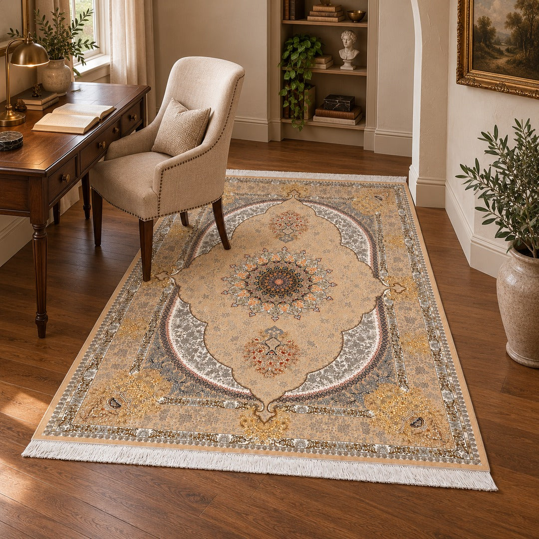 AI-generated interior visualization — 15RD007-0379, rug 225 × 150 cm; illustrative scale.