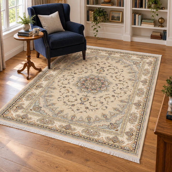 AI-generated interior visualization — 15RD037-0376, rug 225 × 150 cm; illustrative scale.