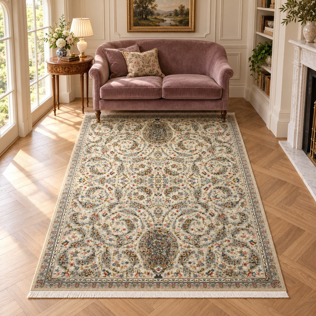 AI-generated interior visualization — 15RD054-0316, rug 225 x 150 cm; illustrative scale.