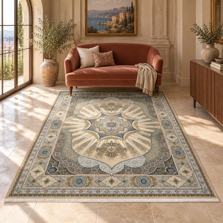 AI-generated interior visualization — 15RD075-0340, rug 225 x 150 cm; illustrative scale.
