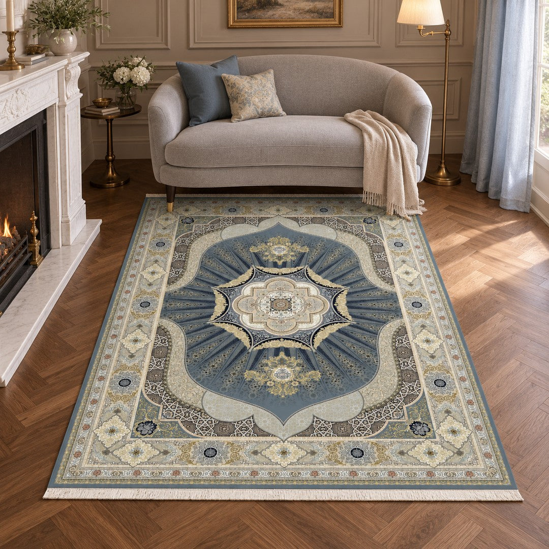 AI-generated interior visualization — 15RD075-0343, rug 225 x 150 cm; illustrative scale.