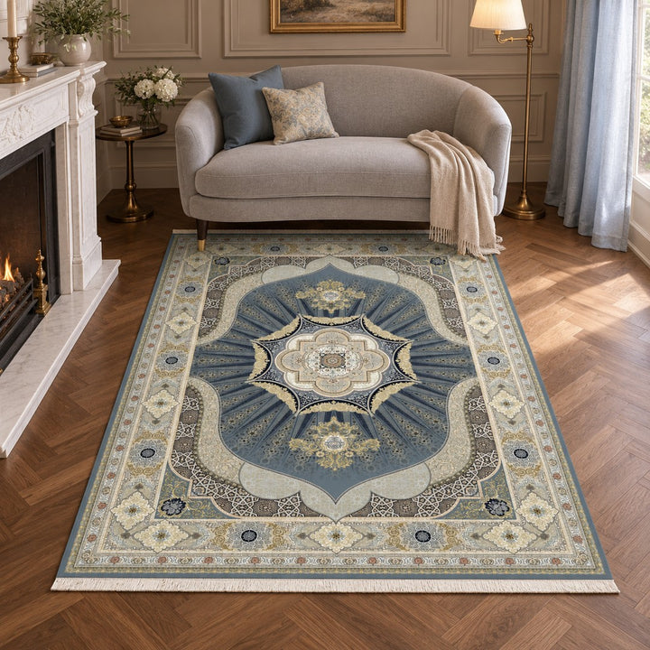 AI-generated interior visualization — 15RD075-0343, rug 225 x 150 cm; illustrative scale.