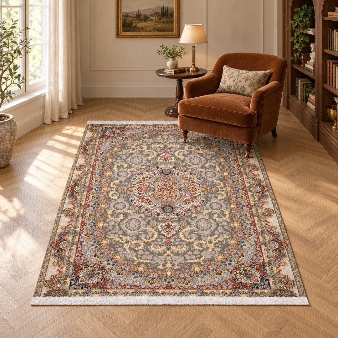 AI-generated interior visualization — 15RD081-0346, rug 225 x 150 cm; illustrative scale.