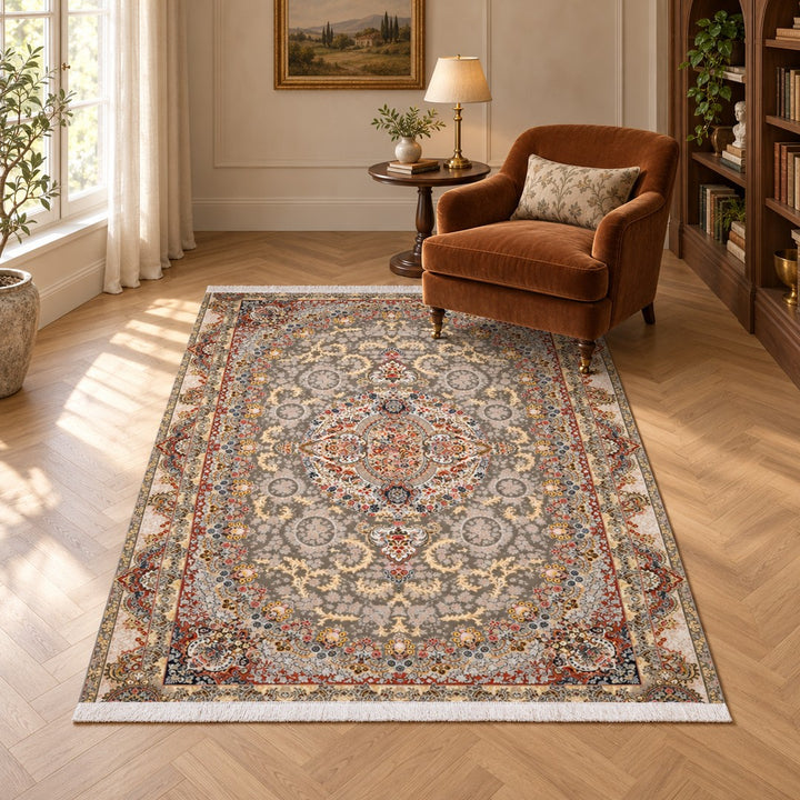 AI-generated interior visualization — 15RD081-0346, rug 225 x 150 cm; illustrative scale.
