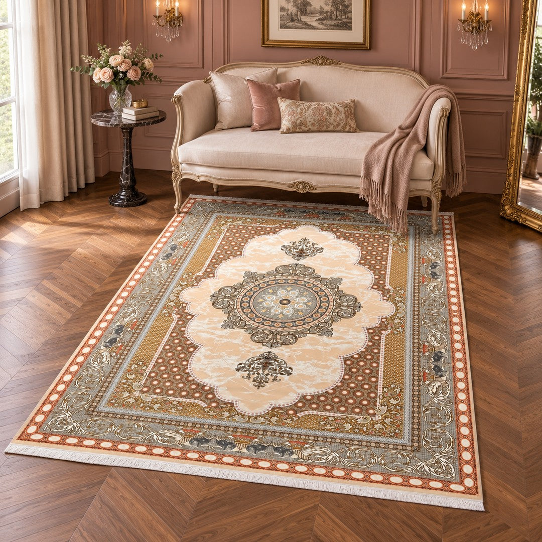 AI-generated interior visualization — 15RD086-0349, rug 225 x 150 cm; illustrative scale.
