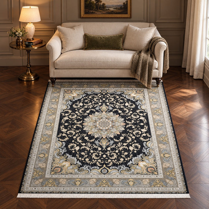 AI-generated interior visualization — 15RD088-0334, rug 225 x 150 cm; illustrative scale.