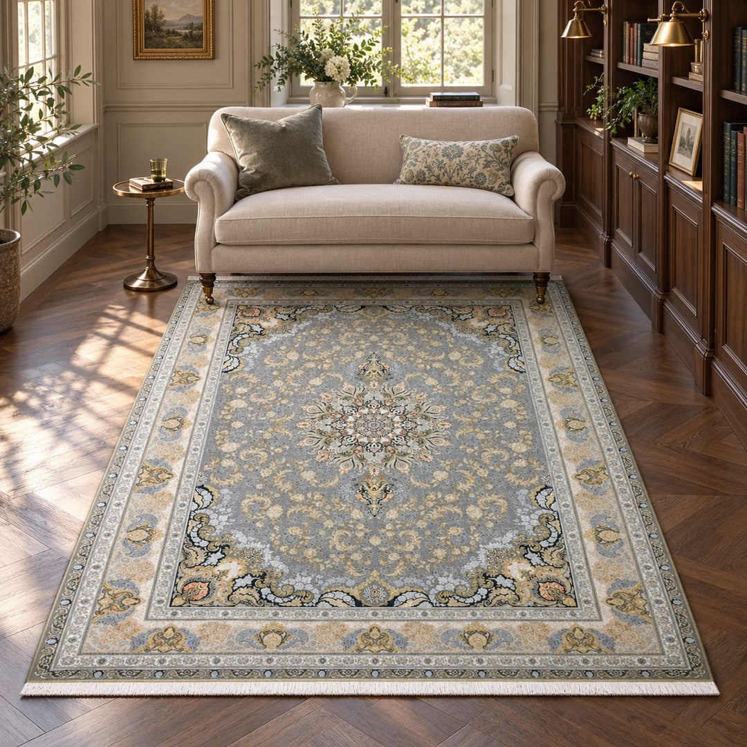 AI-generated interior visualization — 15RD088-0337, rug 225 x 150 cm; illustrative scale.