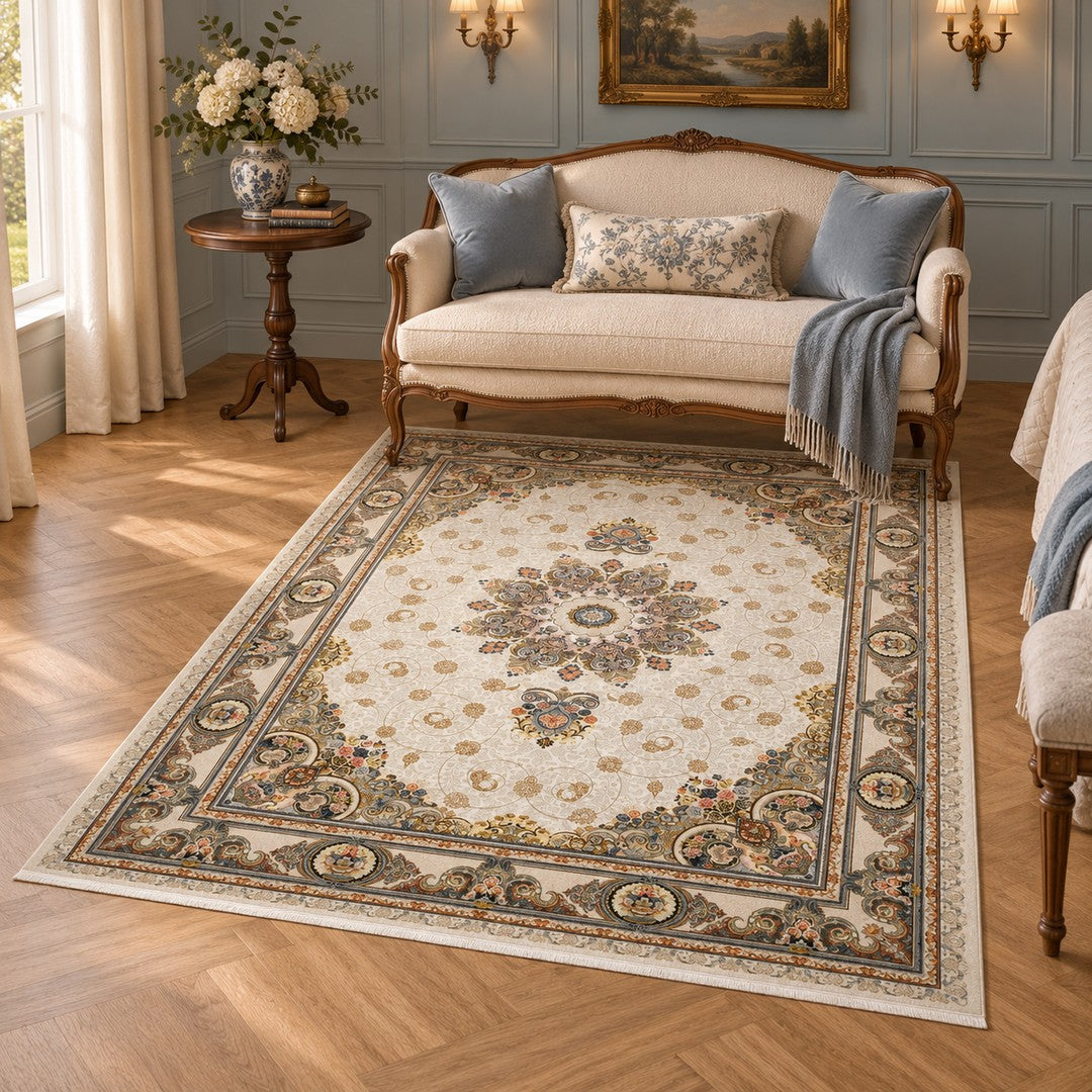 AI-generated interior visualization — 15RD089-0331, rug 225 x 150 cm; illustrative scale.