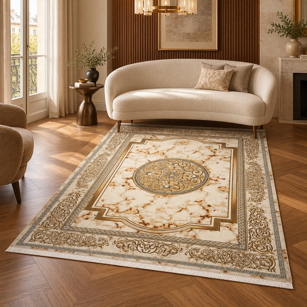 AI-generated interior visualization — 15RD095-0361, rug 225 x 150 cm; illustrative scale.