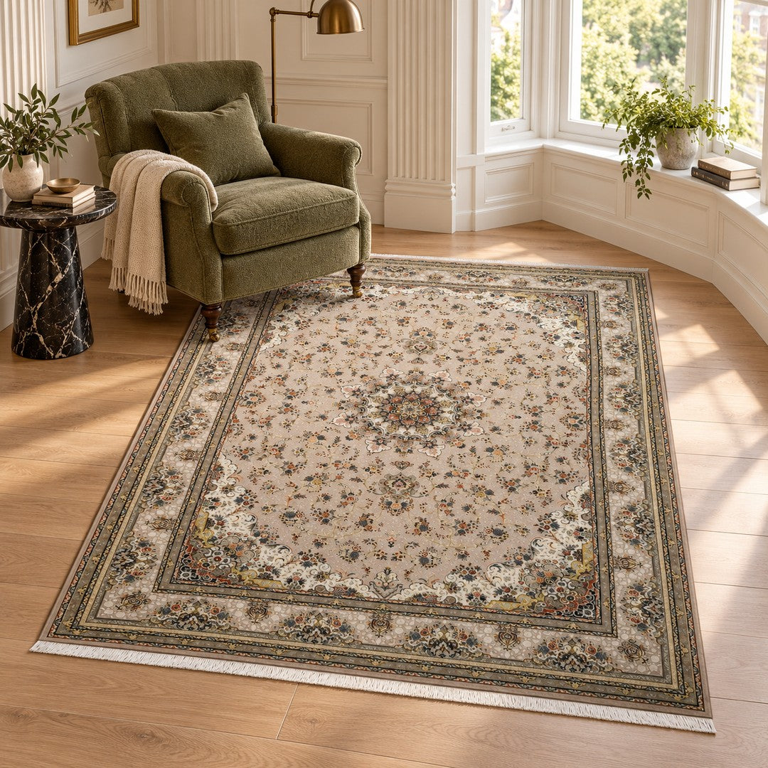 AI-generated interior visualization — 15RD098-0358, rug 225 x 150 cm; illustrative scale.