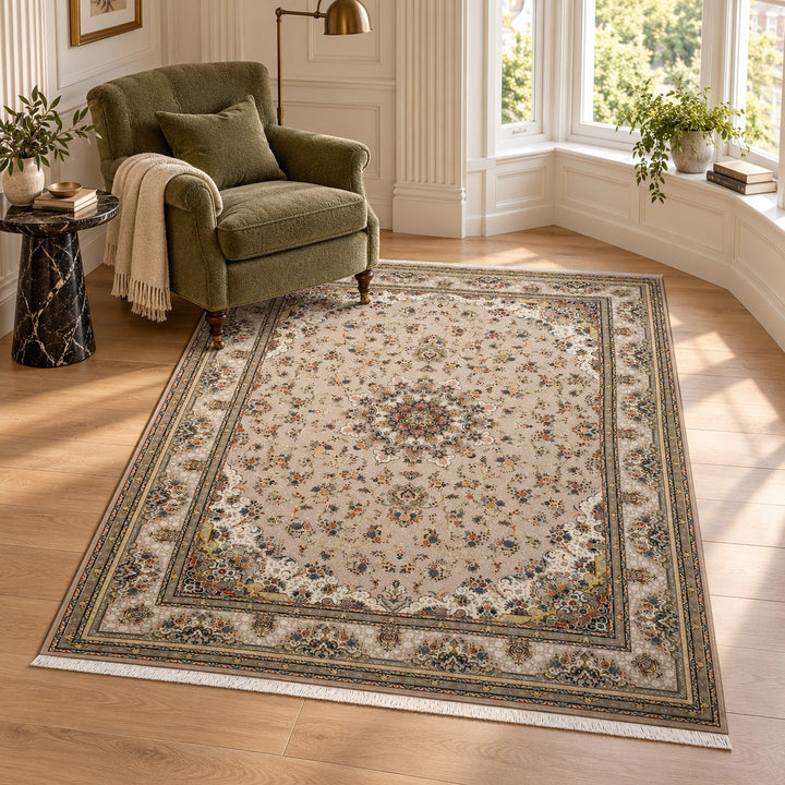 AI-generated interior visualization — 15RD098-0358, rug 225 x 150 cm; illustrative scale.