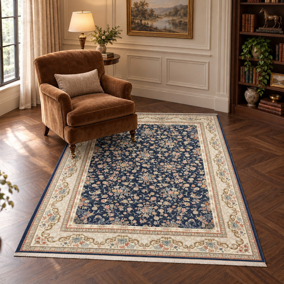 AI-generated interior visualization — 15RD103-0319, rug 225 x 150 cm; illustrative scale.