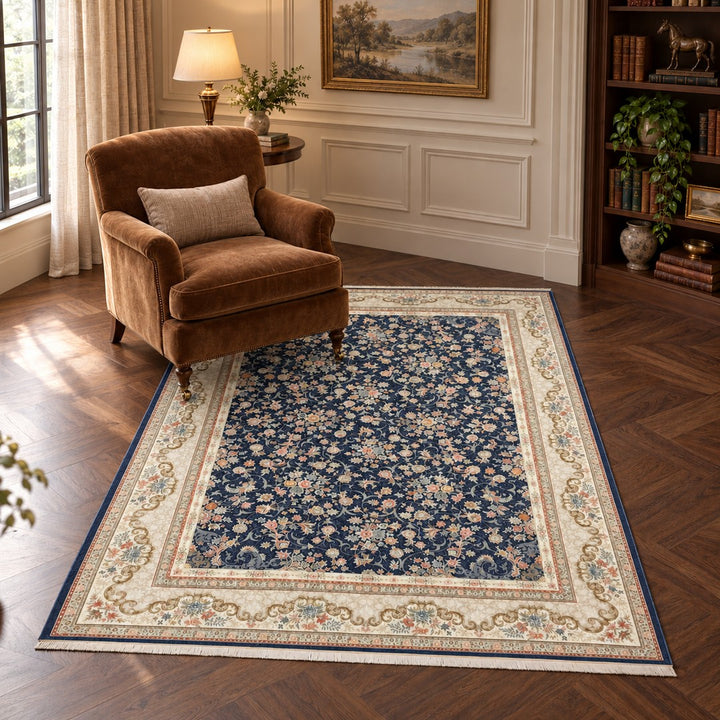 AI-generated interior visualization — 15RD103-0319, rug 225 x 150 cm; illustrative scale.