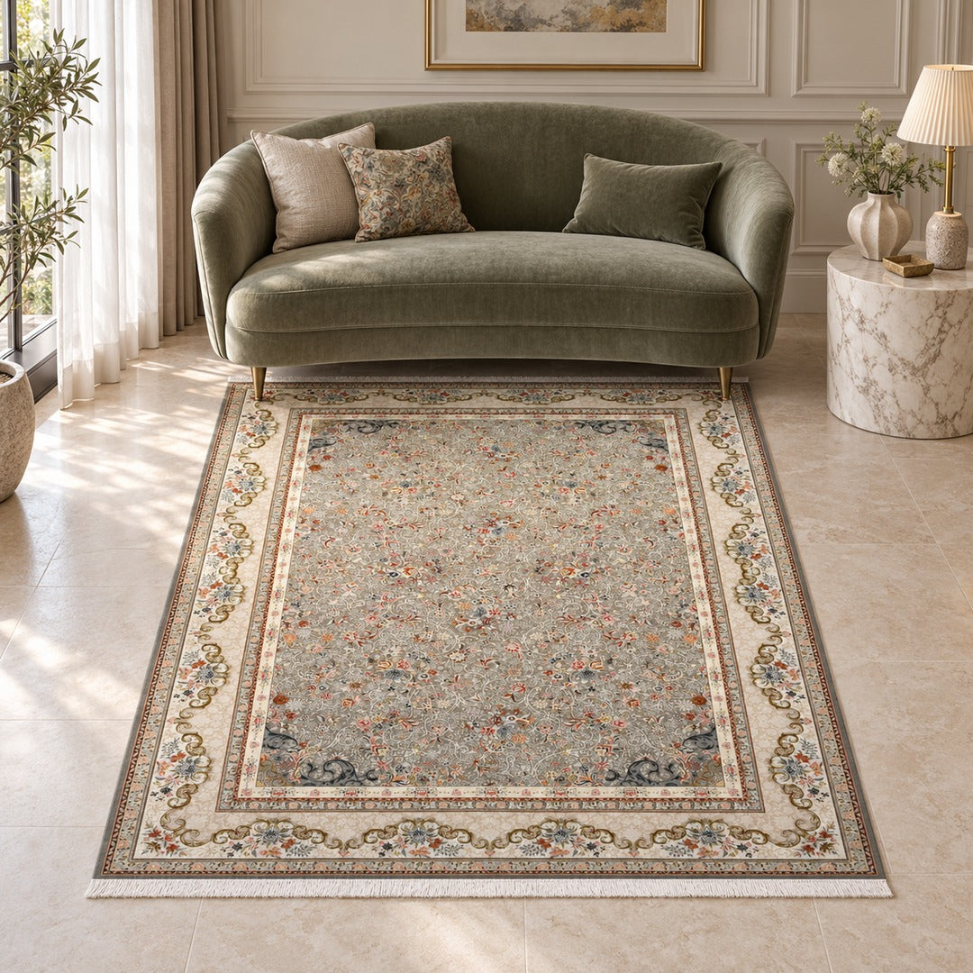 AI-generated interior visualization — 15RD103-0322, rug 225 x 150 cm; illustrative scale.