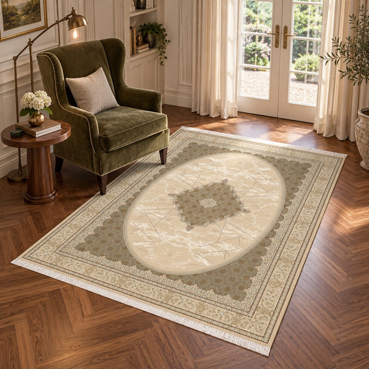 AI-generated interior visualization — 15RD111-0310, rug 225 x 150 cm; illustrative scale.